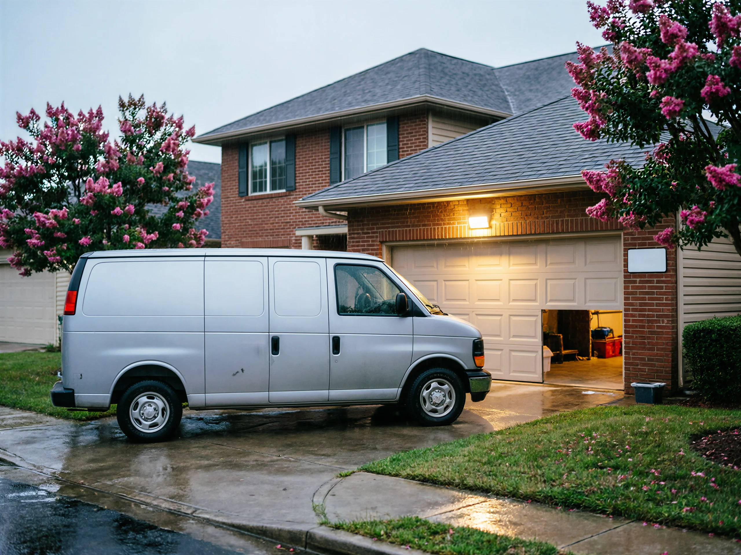 A silver van is parked in a driveway with a partially open garage door.