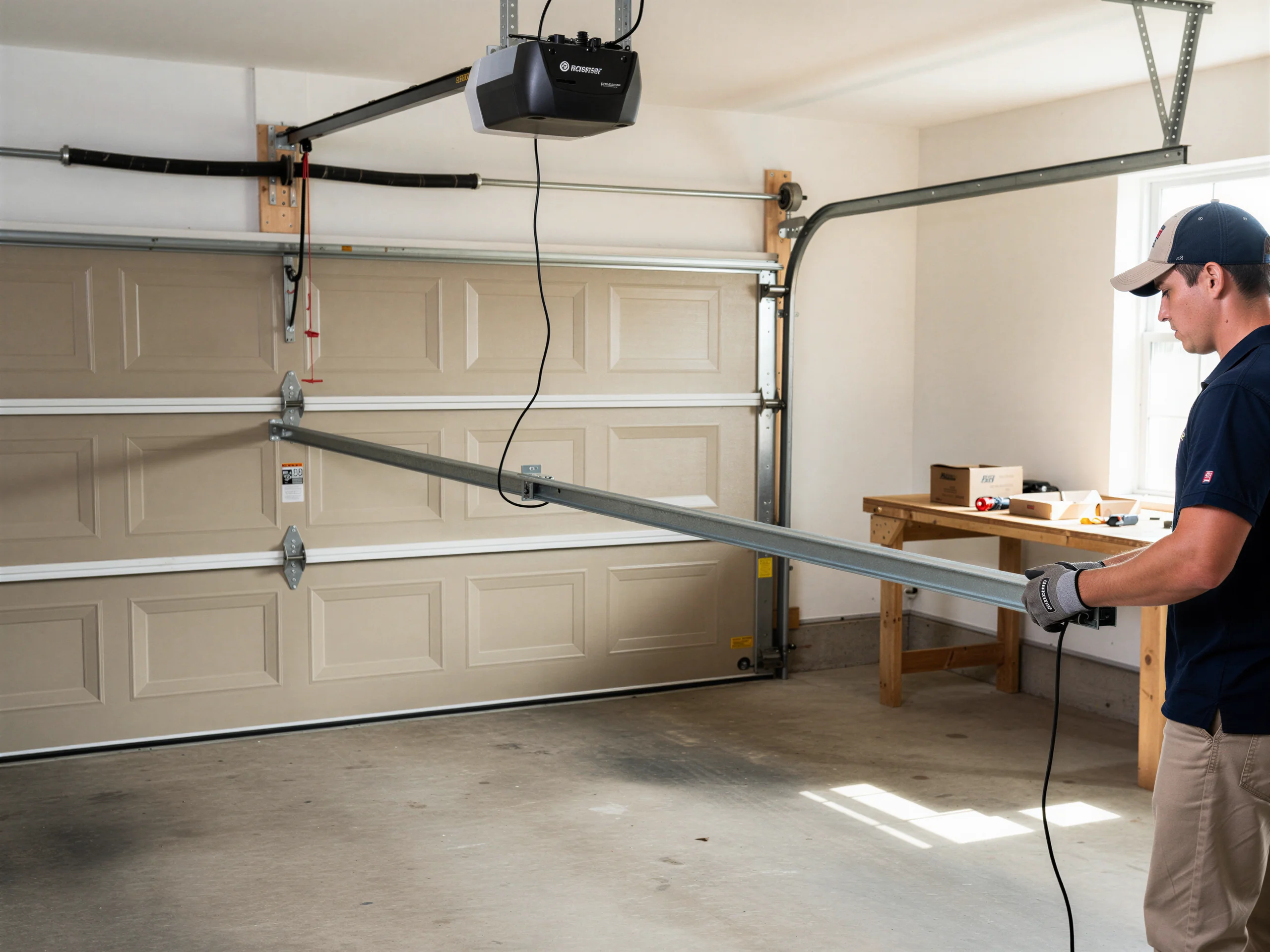 A technician holds a metal track in front of a beige garage door.